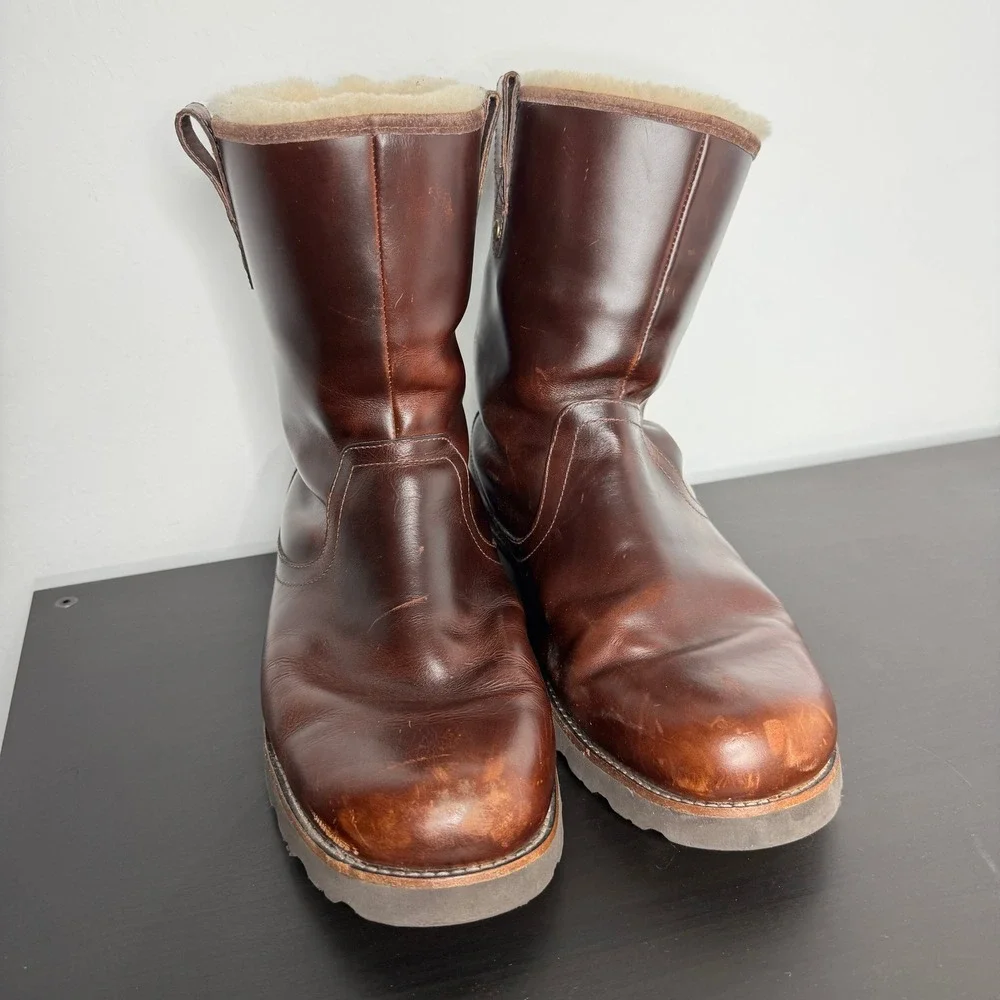 UGG Australia Stoneman Bomber Brown Leather Shearling Vibram Winter Boot 12